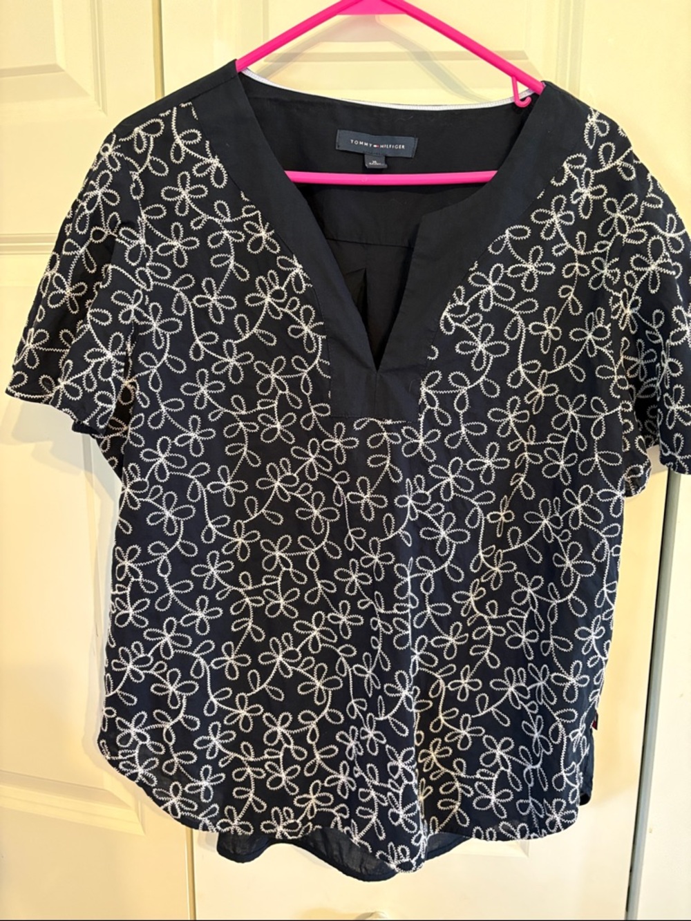 Tommy Hilfiger Navy  V-Neck Top with White Embroidered Floral - Size M